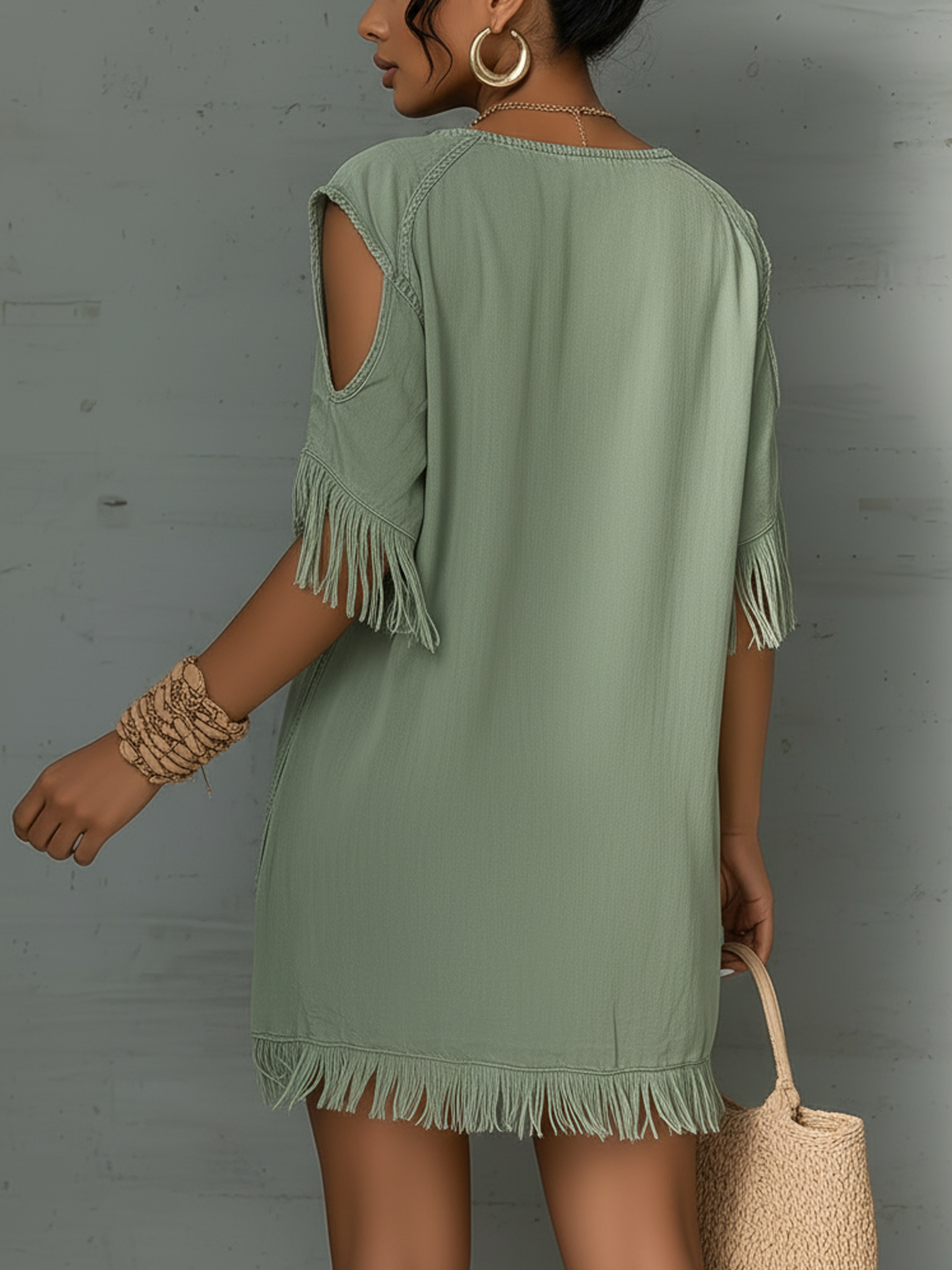 Green Denim Fringe Cold Shoulder Mini Dress