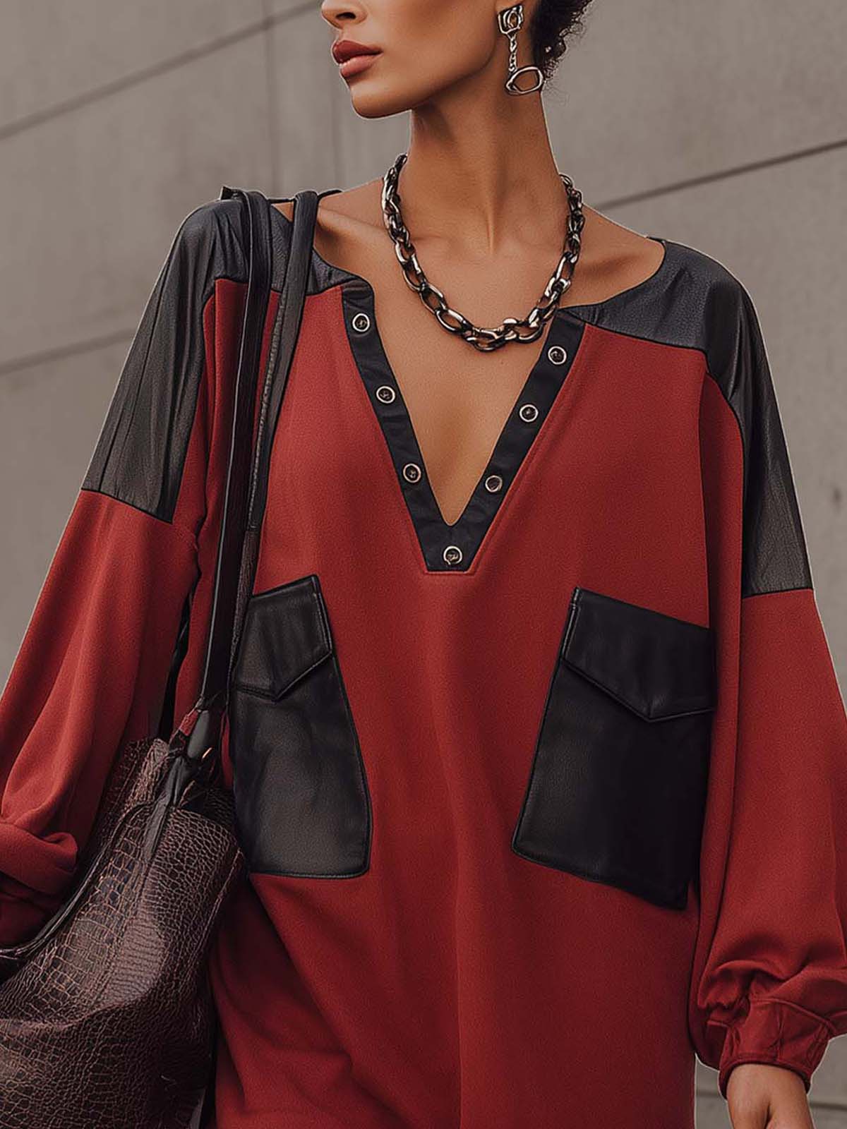 Red Fabric Blend Faux Leather V-neck Mini Dress With Metal Buckles And Patch Pockets