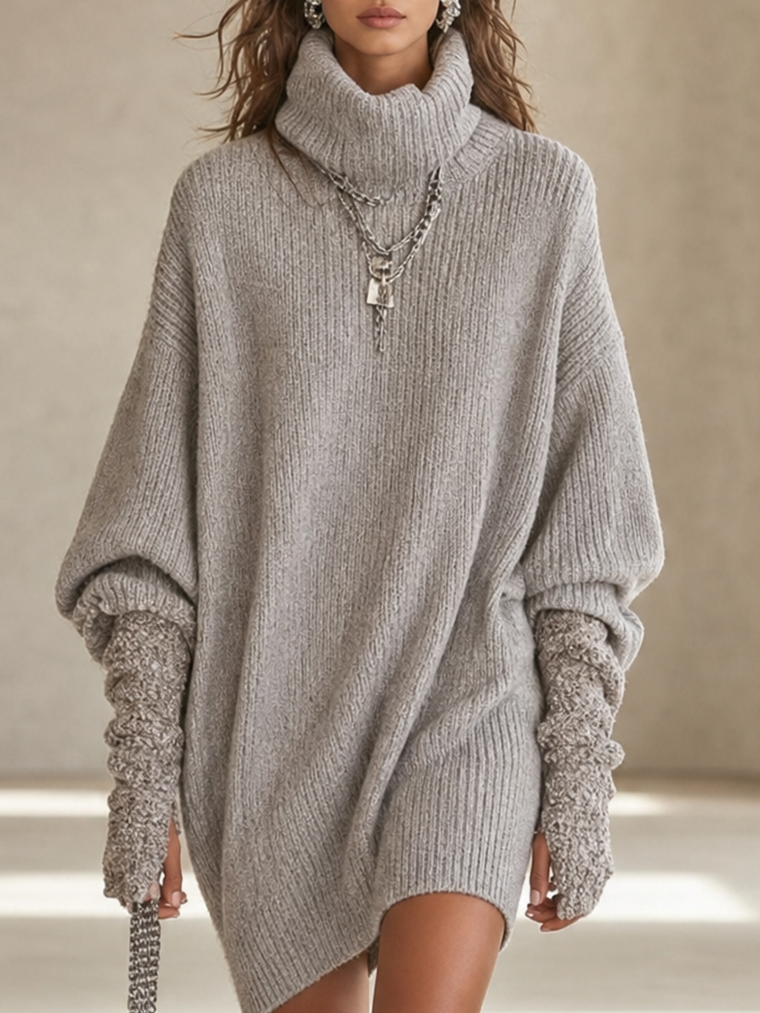 Gray Ribbed Turtleneck Oversized Sweater Dress