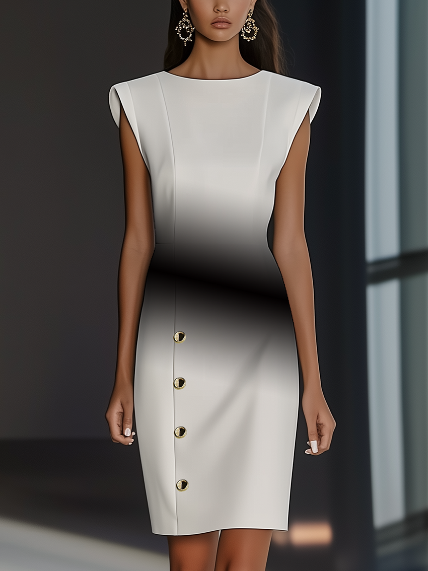 White Midi Bodycon Dress With Fashion Gradient Print And Gold Buttons
