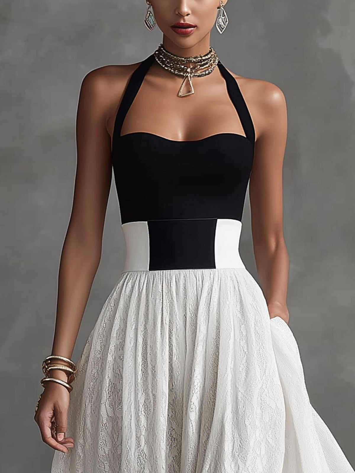 Black And White Halter Neck Contrast Lace Maxi Dress