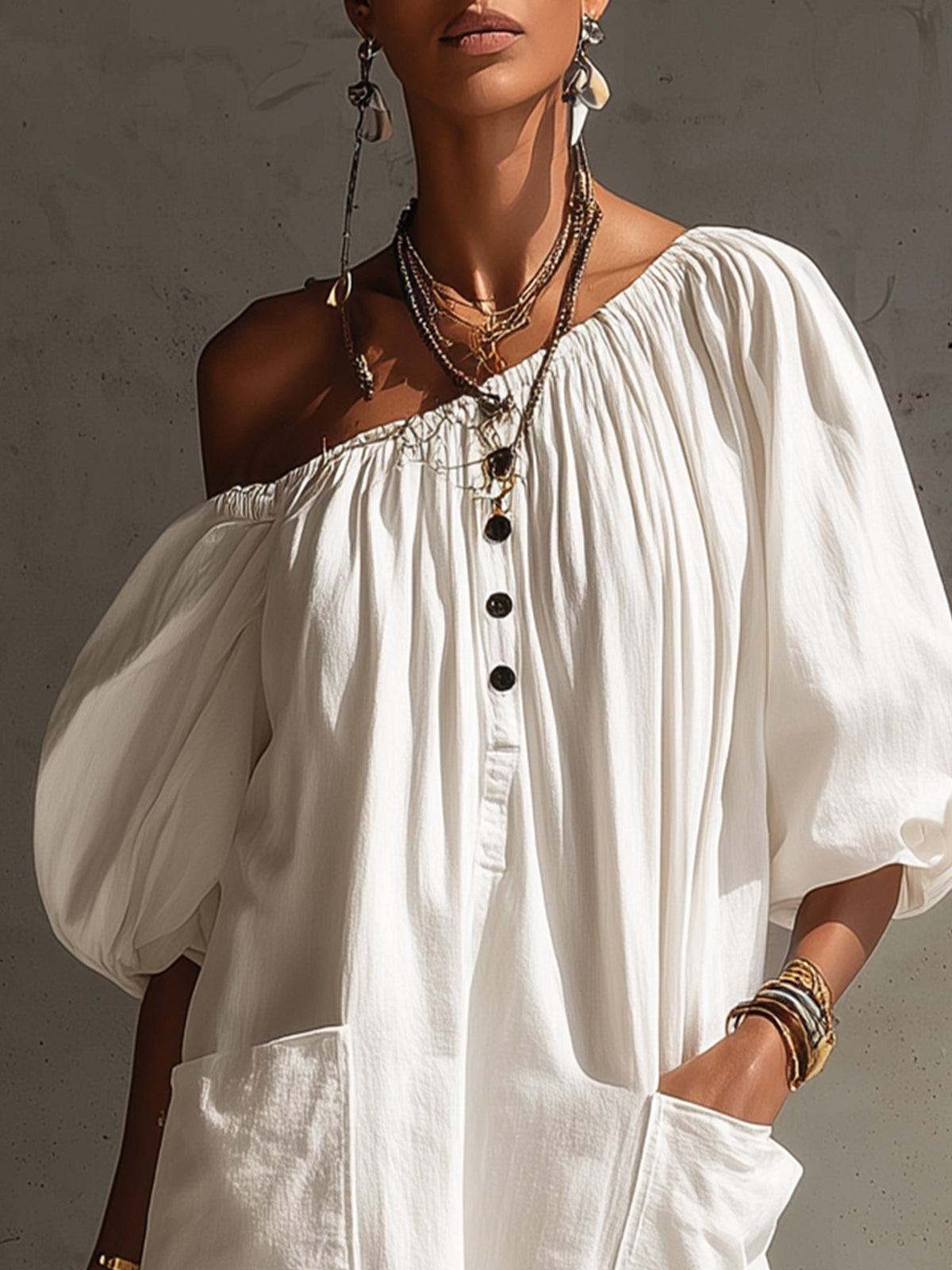White Off-Shoulder Puff Sleeve Button Mini Dress