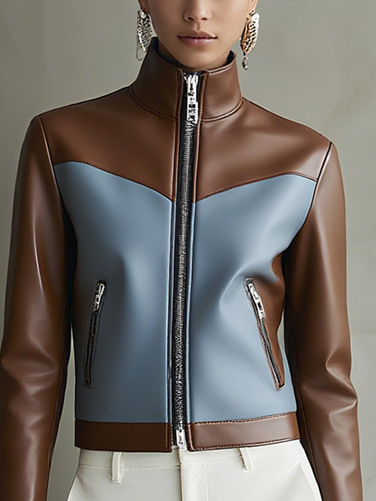 Faux Leather Zip Up Jacket With Orange Cuffs