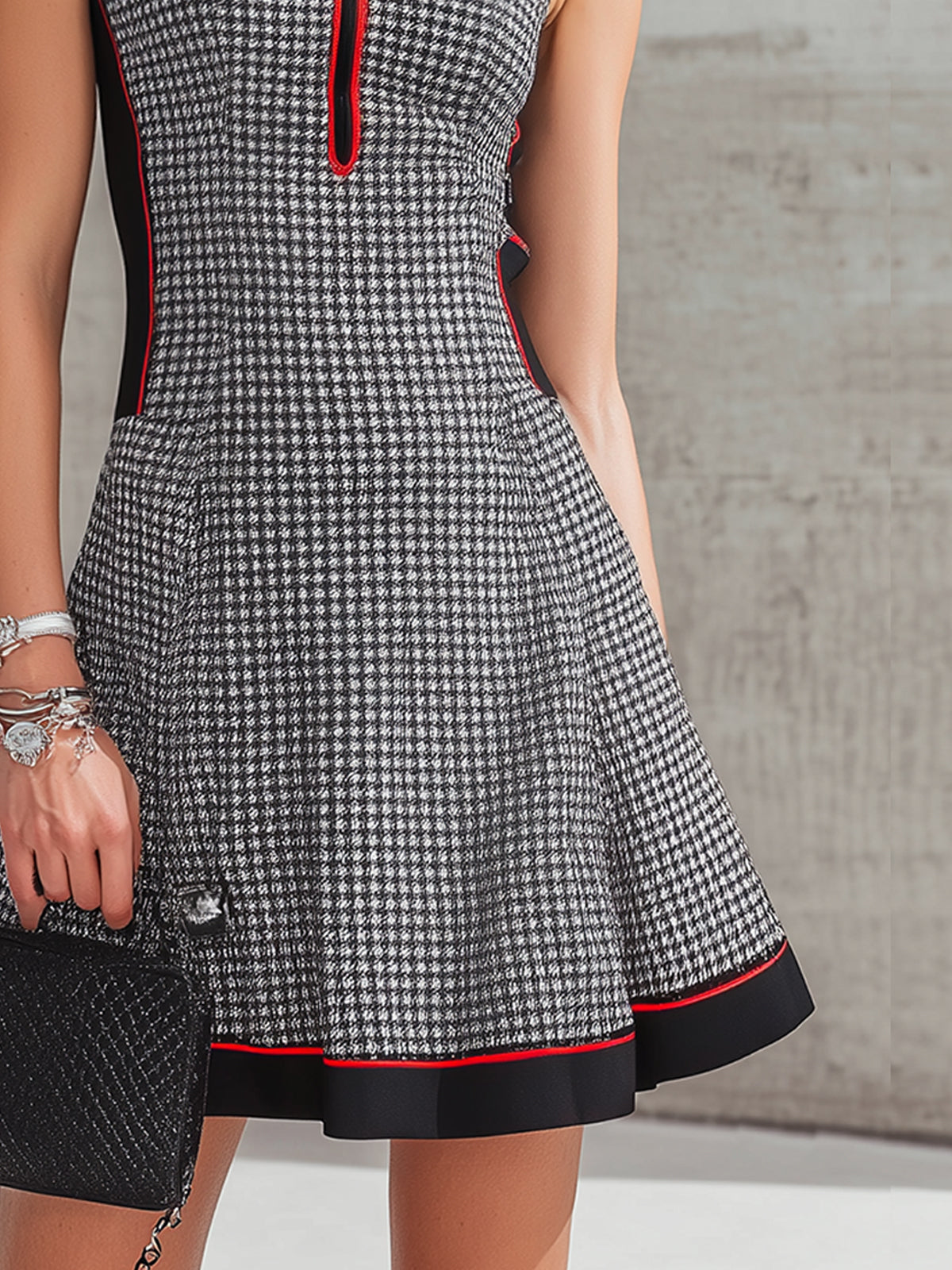 Gray Houndstooth Zipper Neck Sleeveless A Line Mini Dress