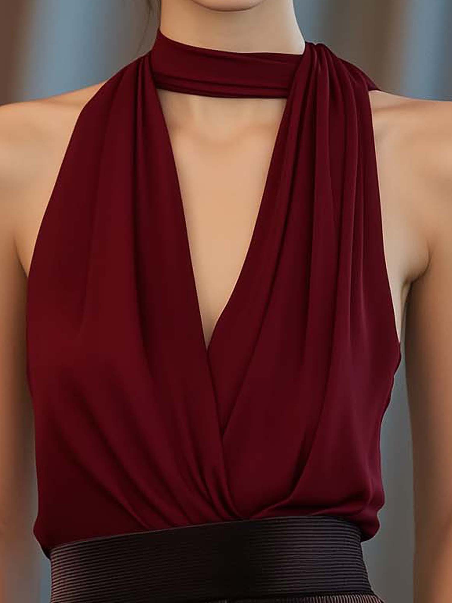 V-Neck Chiffon Red Shirt With Tie