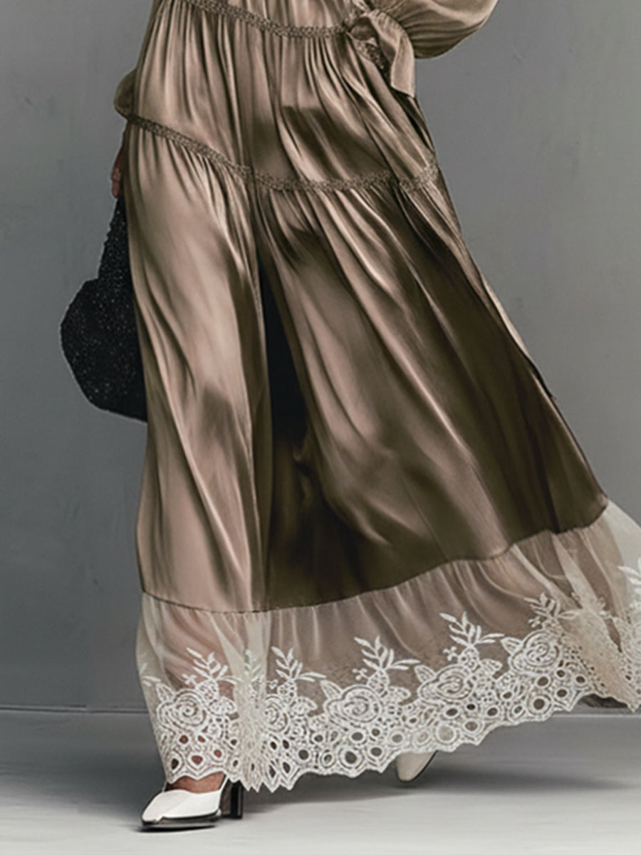 Champagne Satin Elastic Maxi Dress With Lace Hem