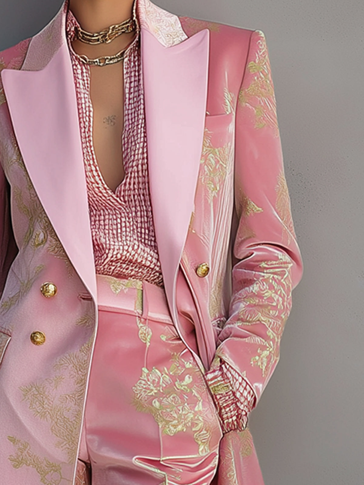 Blush Pink Velvet Print Double Breasted Blazer