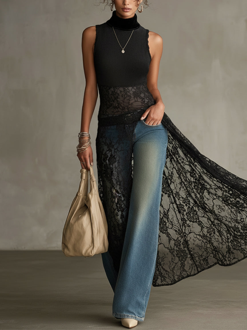 Black Velvet Sleeveless High-Neck Dress With Flocked Lace