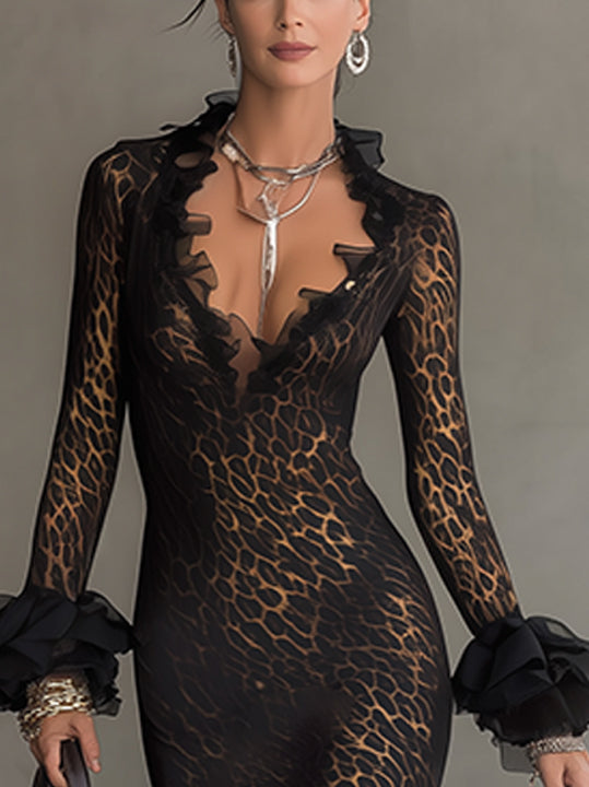 Leopard Mesh Mermaid Midi Dress With Ruffled Neckline And Cuffs