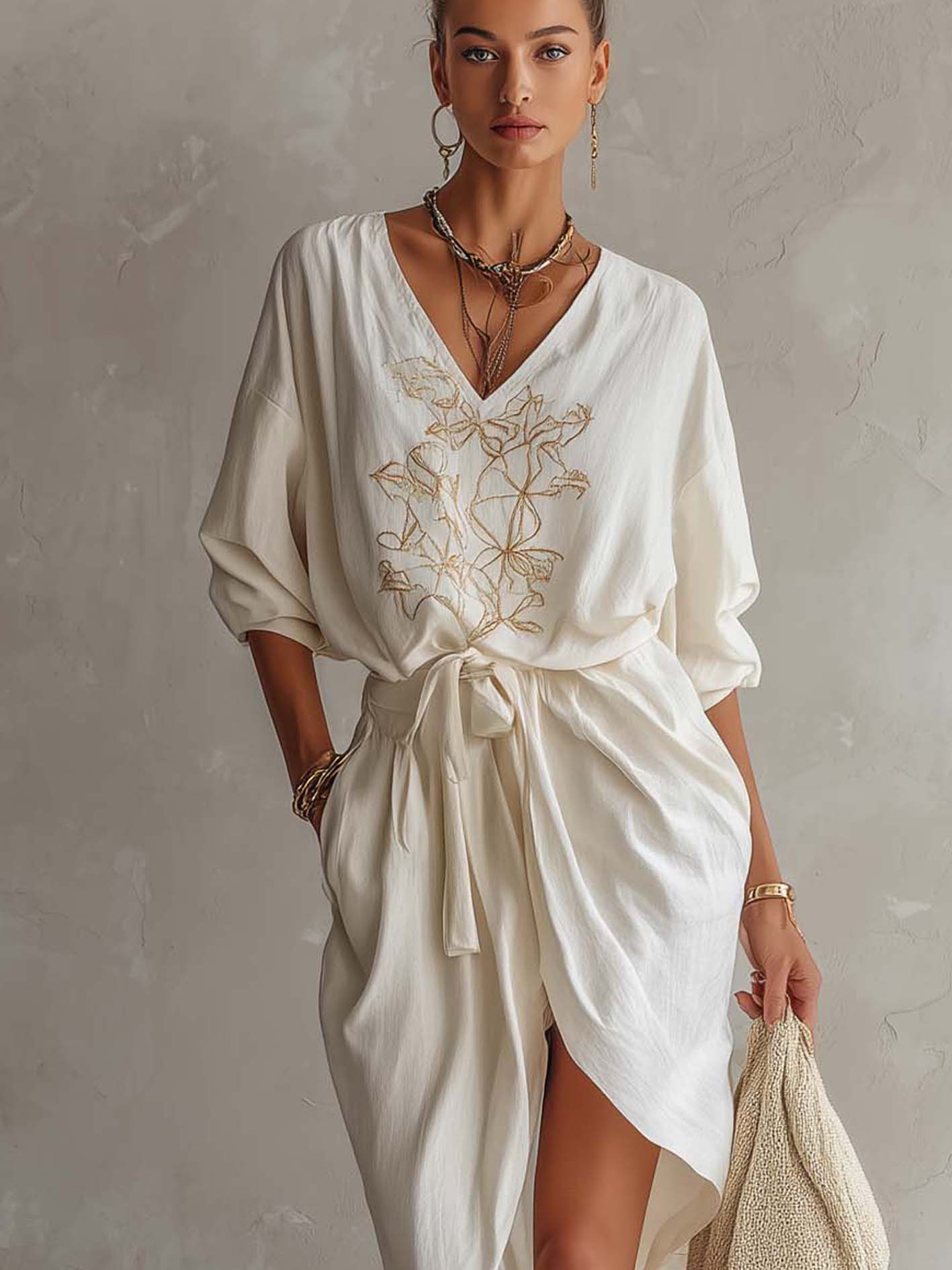 White Cotton Linen Midi Dress With Light Gold Floral Embroidery And Waist Tie