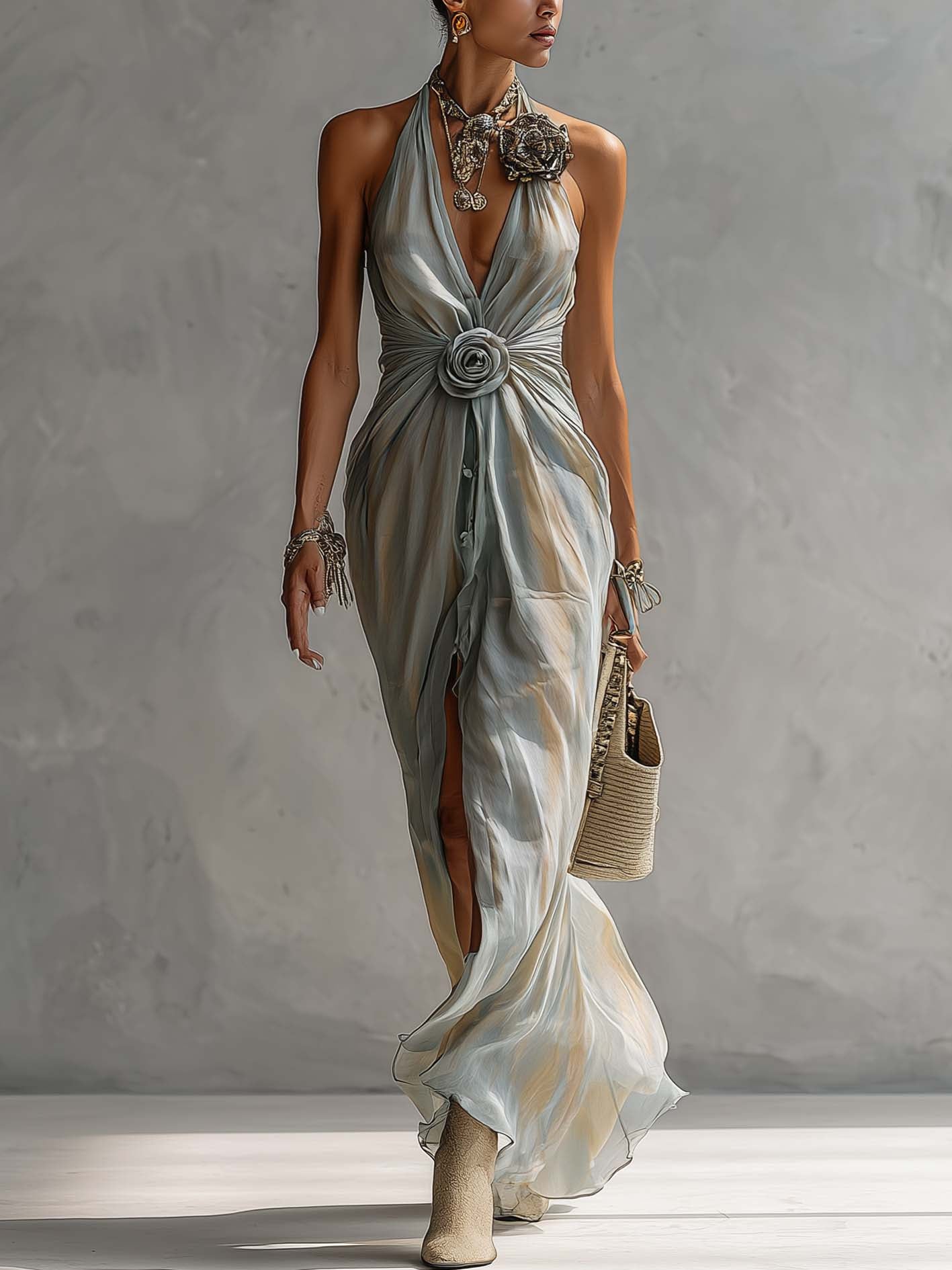 Light Blue Beige Chiffon 3D Floral Sleeveless Maxi Dress