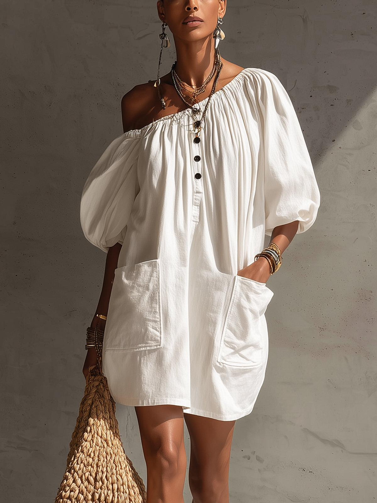 White Off-Shoulder Puff Sleeve Button Mini Dress