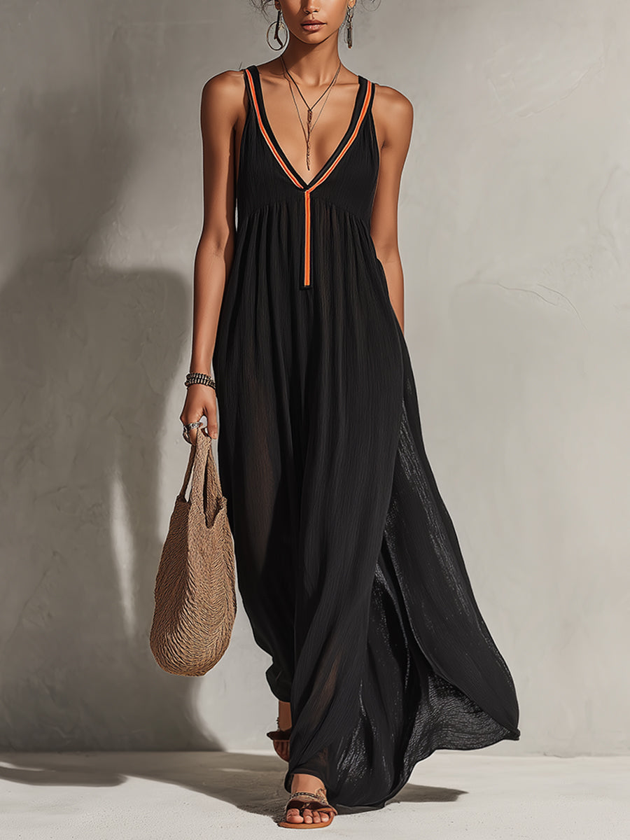 Black Sheer Lightweight Loose Knit Slip Maxi Dress