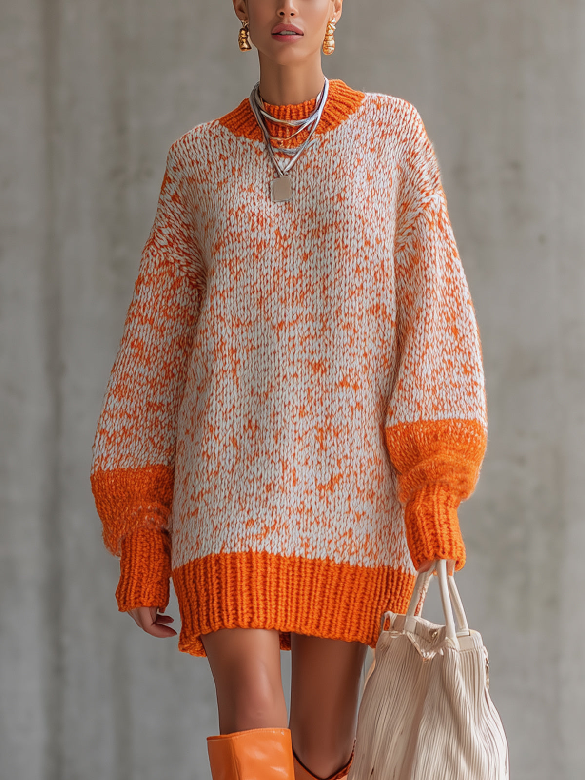 Orange And Cream Chunky Knit Oversized Sweater Dress