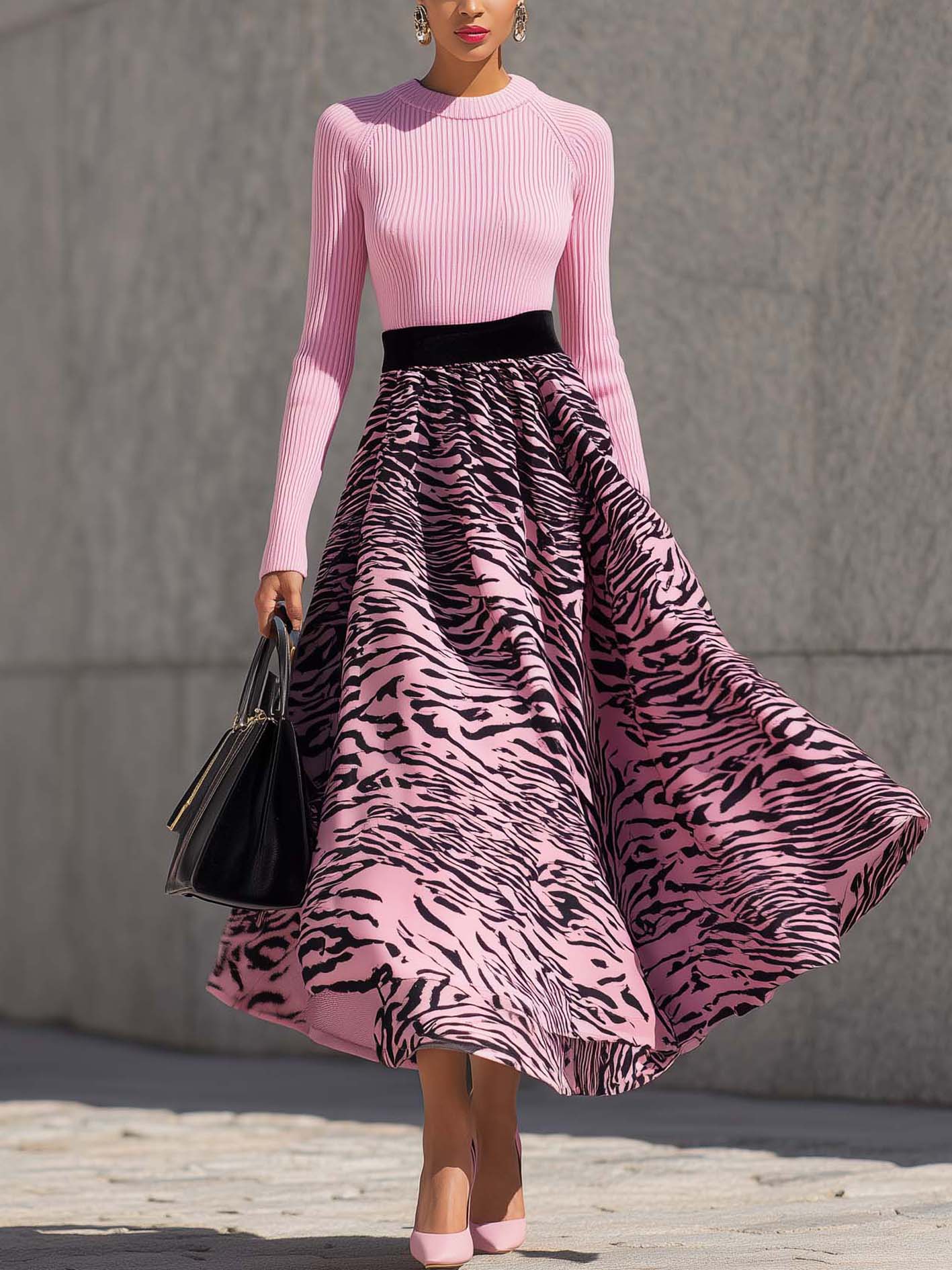 Zebra Print Pink Velvet And Sweater Set