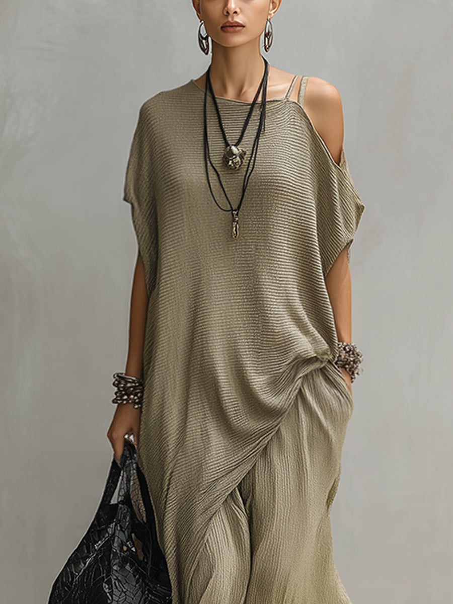 Light Olive Loose Fit Lightweight Draped Knitted Pantsuit