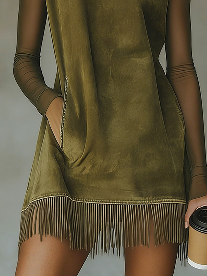 Olive Green Faux Suede Mini Dress With Sheer Sleeves