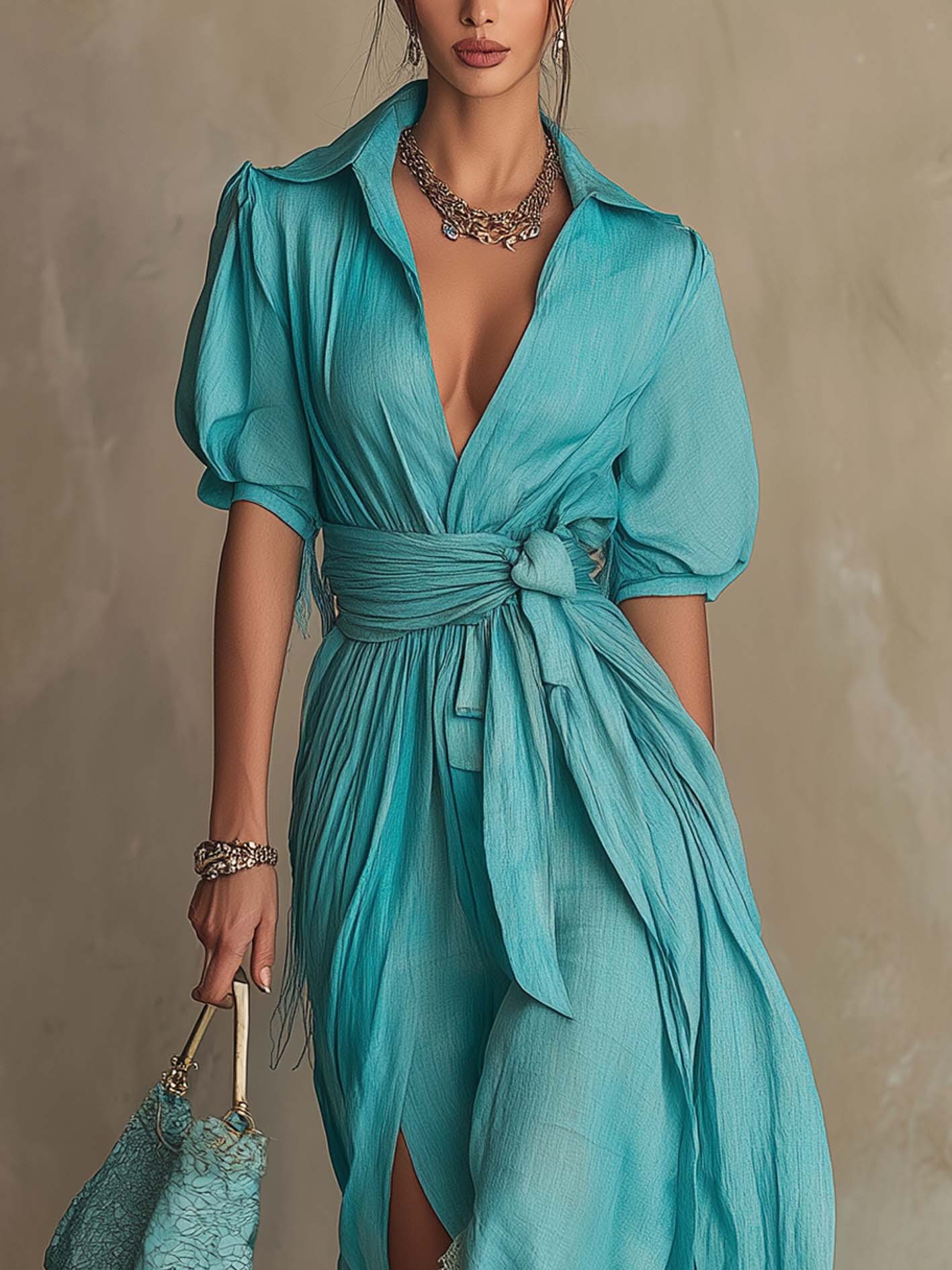 Sky Aqua Cotton Linen Lace Patchwork Maxi Dress