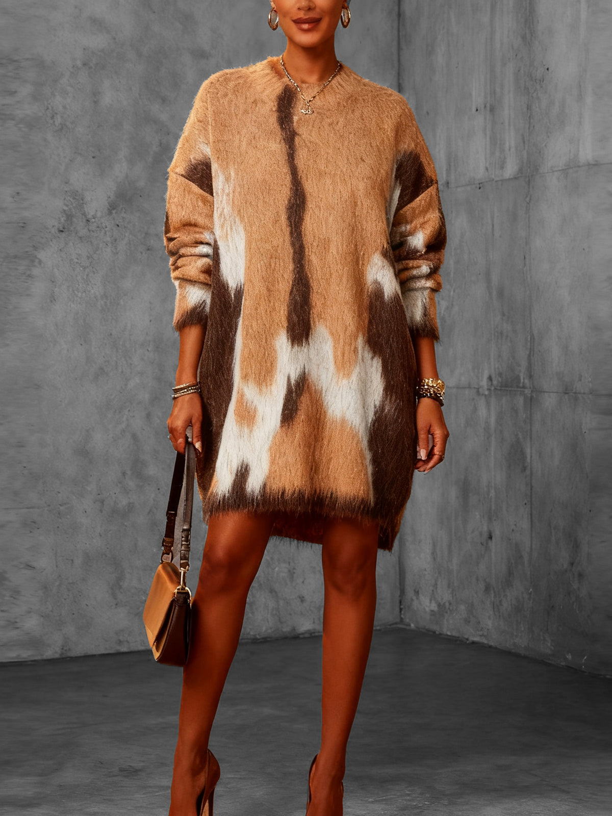 Brown Fuzzy Animal Print Knit Sweater Dress