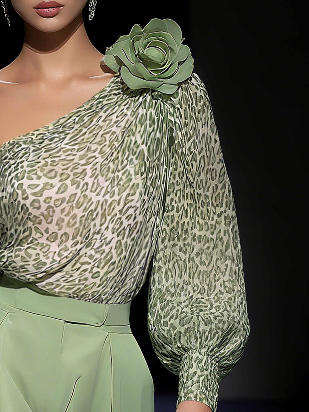 One-Shoulder Green Leopard Print Chiffon Blouse With Floral Accent