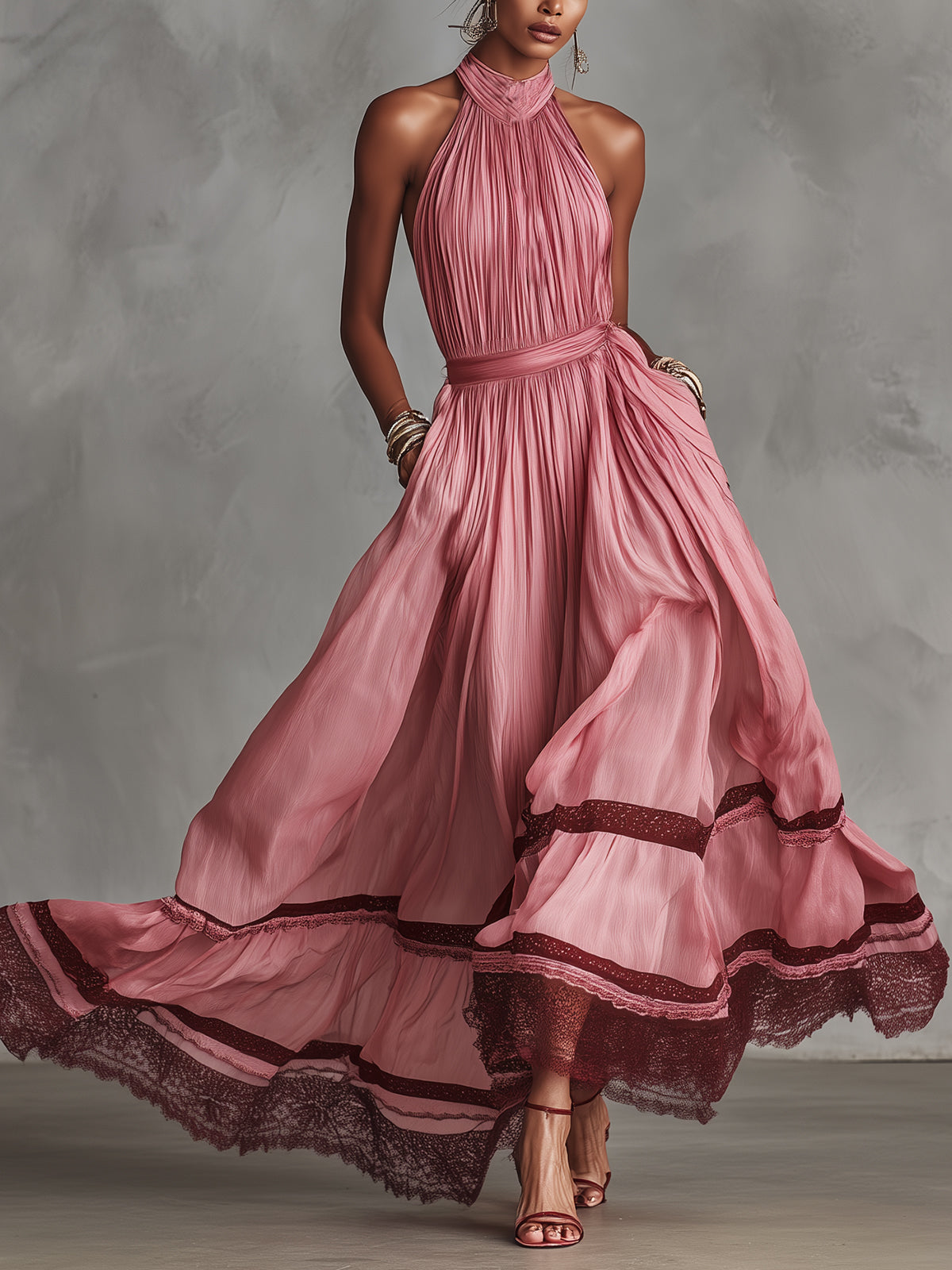 Pink Pleated Halter Neck Lace Trim Maxi Dress
