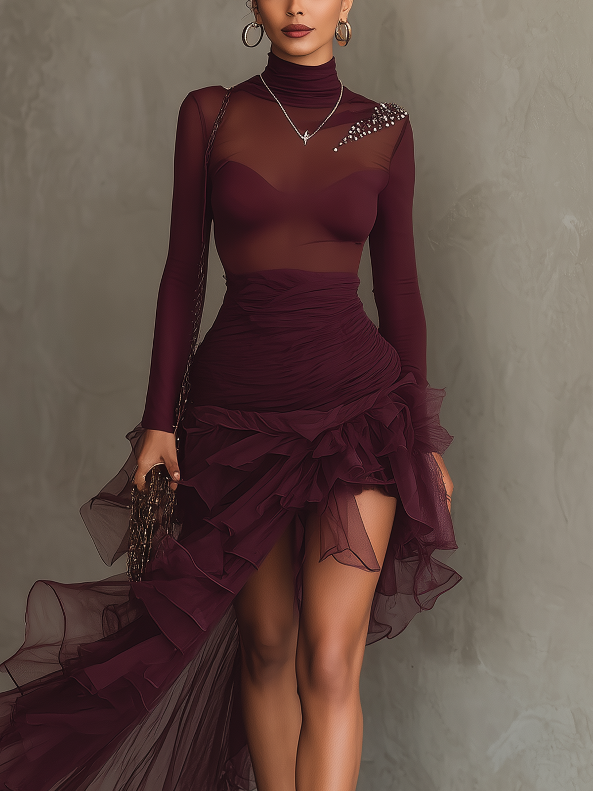 Red Sheer Mesh High-Low Ruffled Tulle Gown