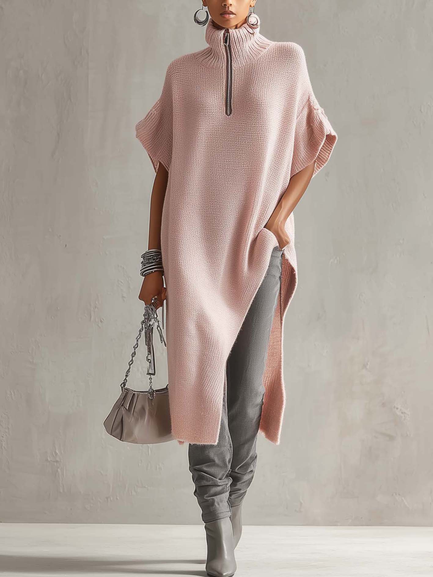 Pink Turtleneck Zip Split Side Knit Midi Dress