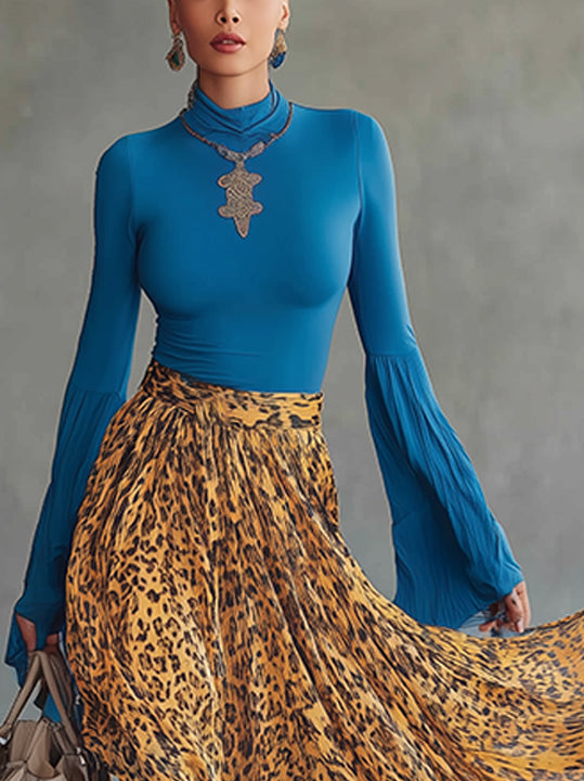 Blue Pleated Bell-Sleeve Golden Leopard Chiffon Maxi Dress