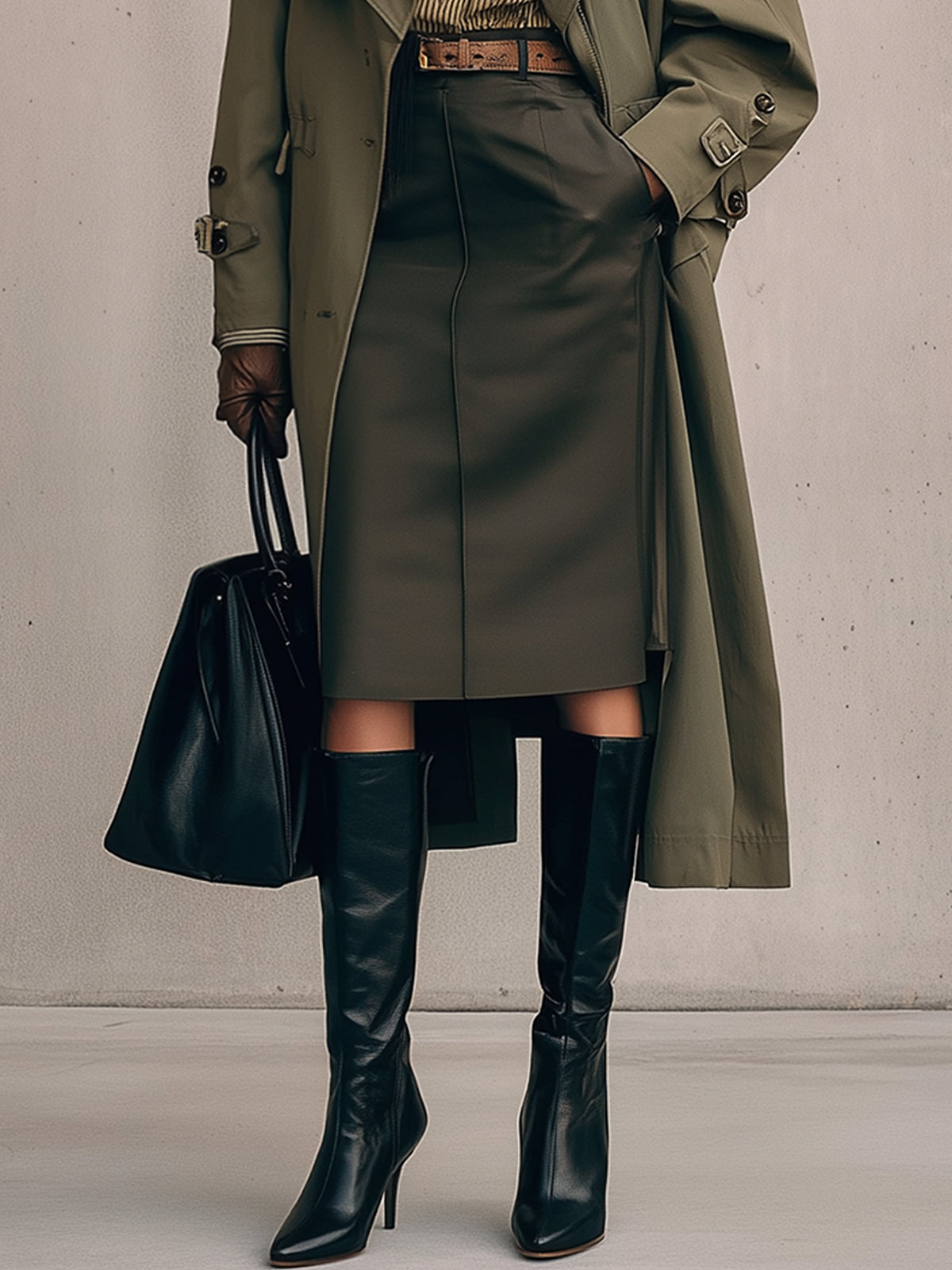 Olive Double Breasted Trench Coat With Contrast Collar