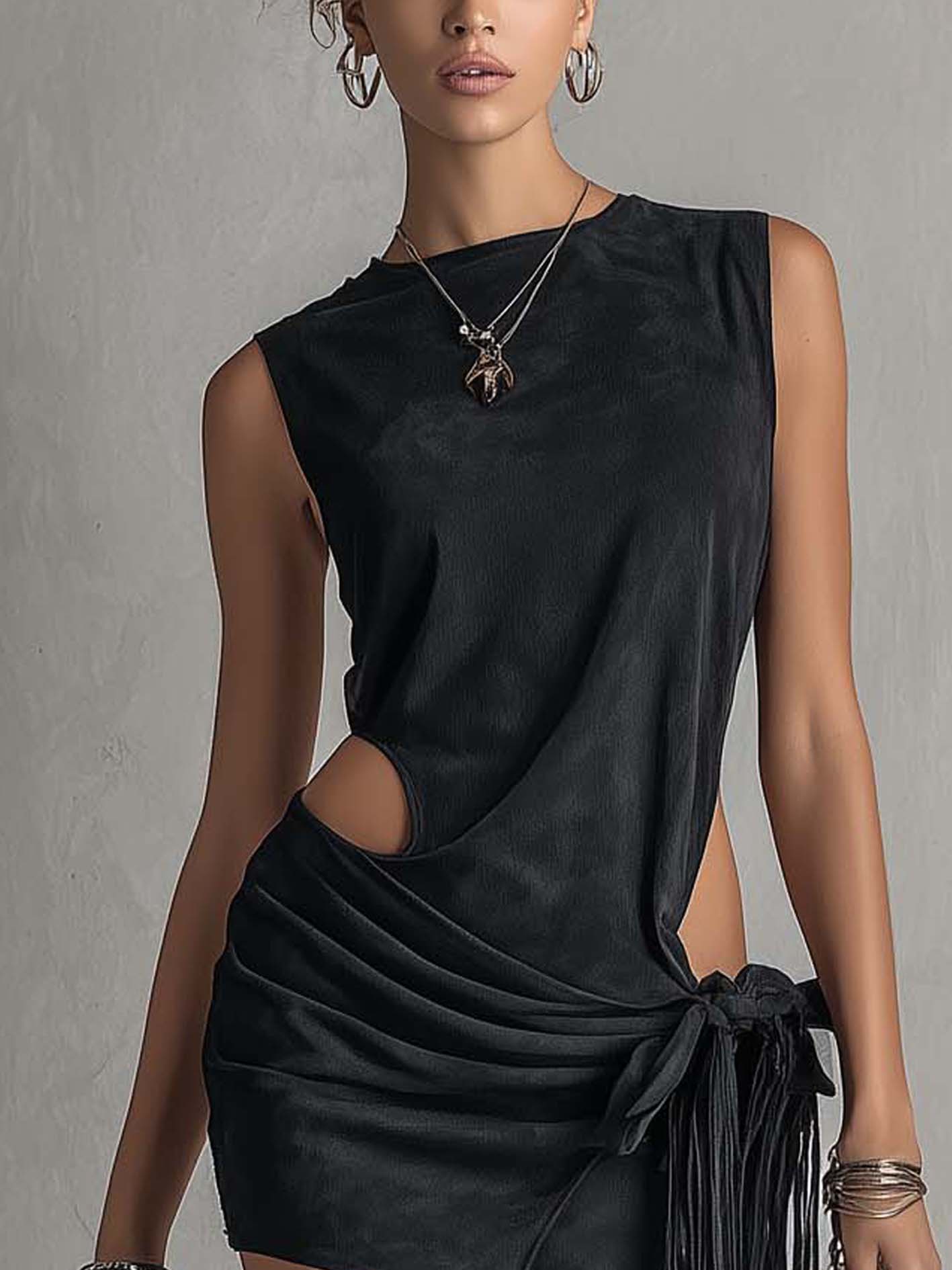 Black Faux Suede Cutout Fringe Mini Dress Shorts