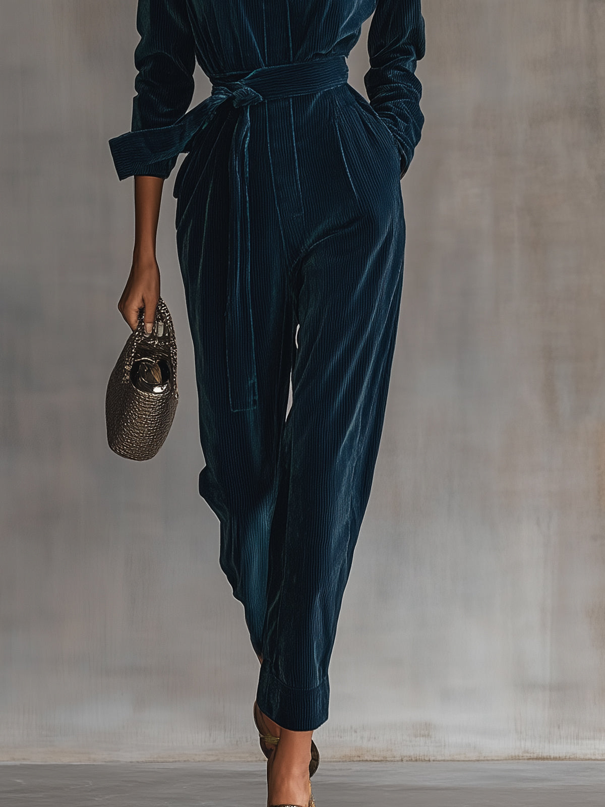 Blue Teal Corduroy Belted Jumpsuit