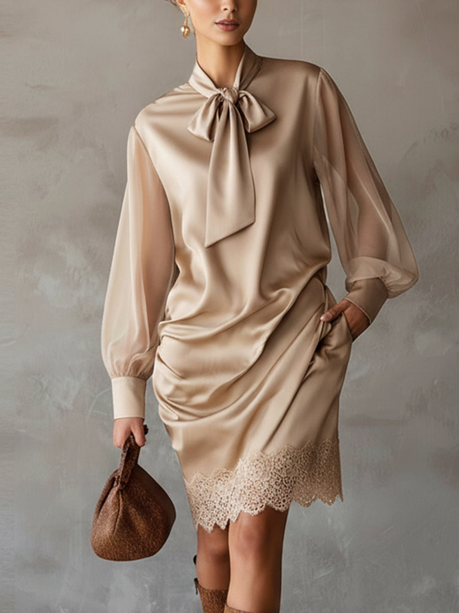 Champagne Satin Lace Trimmed Mini Dress