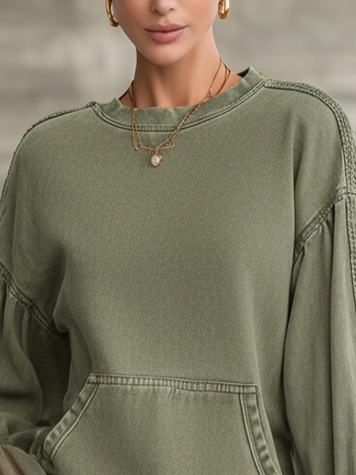 Green Sweatshirt With Sheer Bell Sleeve Detail