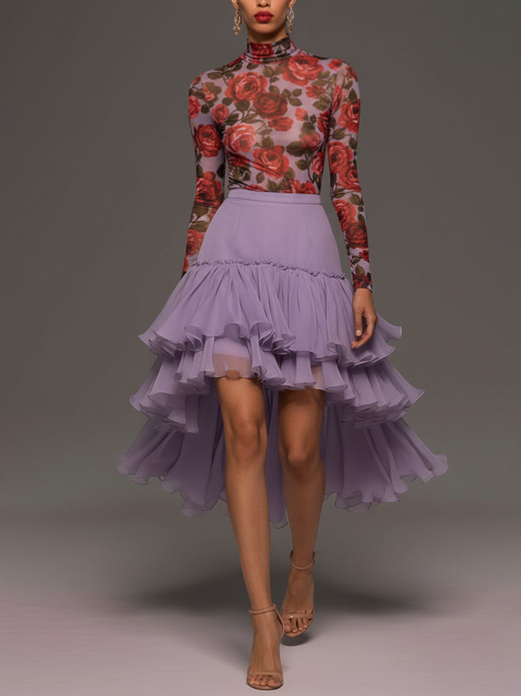 Lilac Sheer Turtleneck And Chiffon Skirt Set