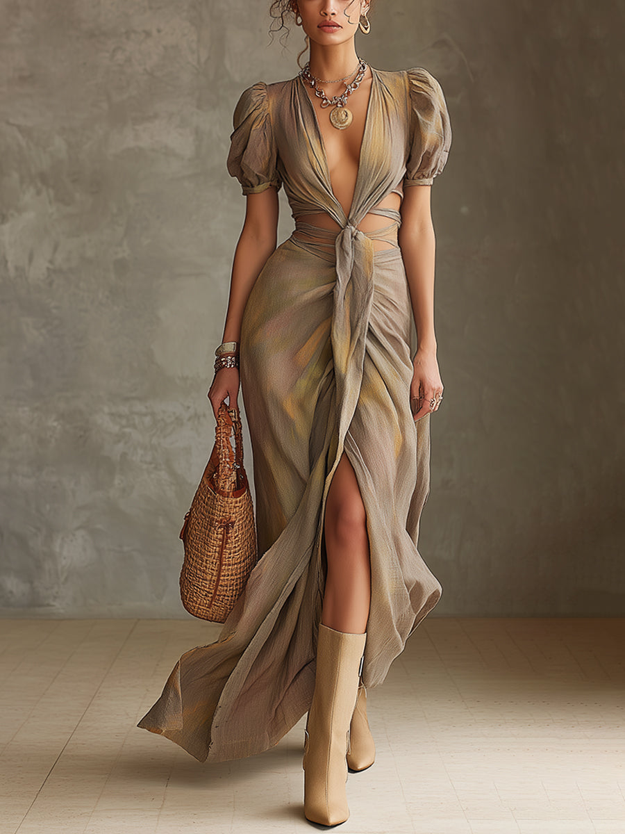 Brown Linen Blend Printed Tie Waist Short Sleeve Maxi Dress