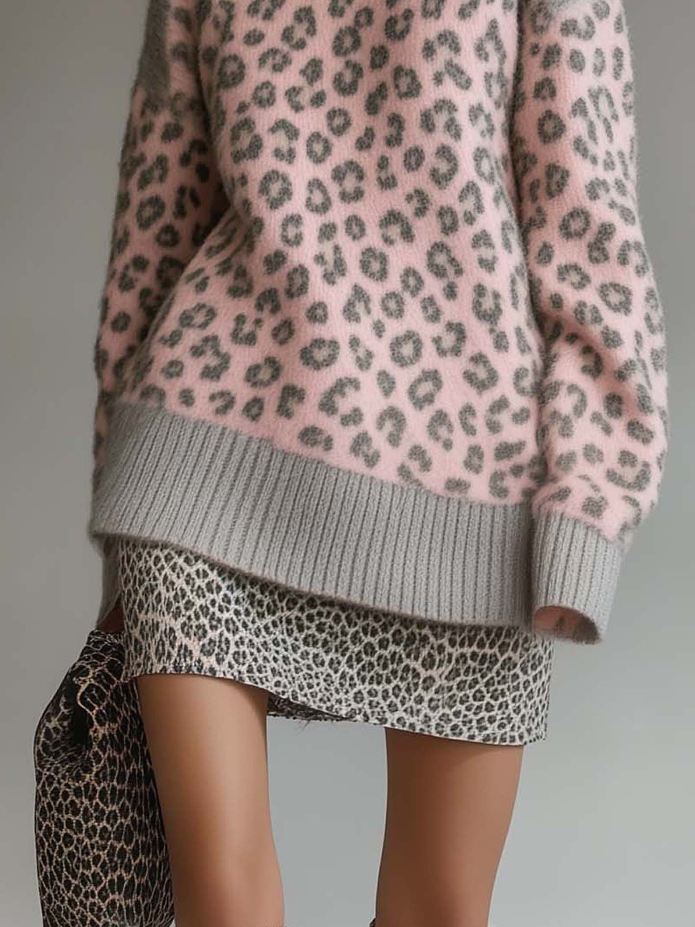 Pink Knitted Mini Dress With Gray Leopard Print And Leopard Print At The Bottom