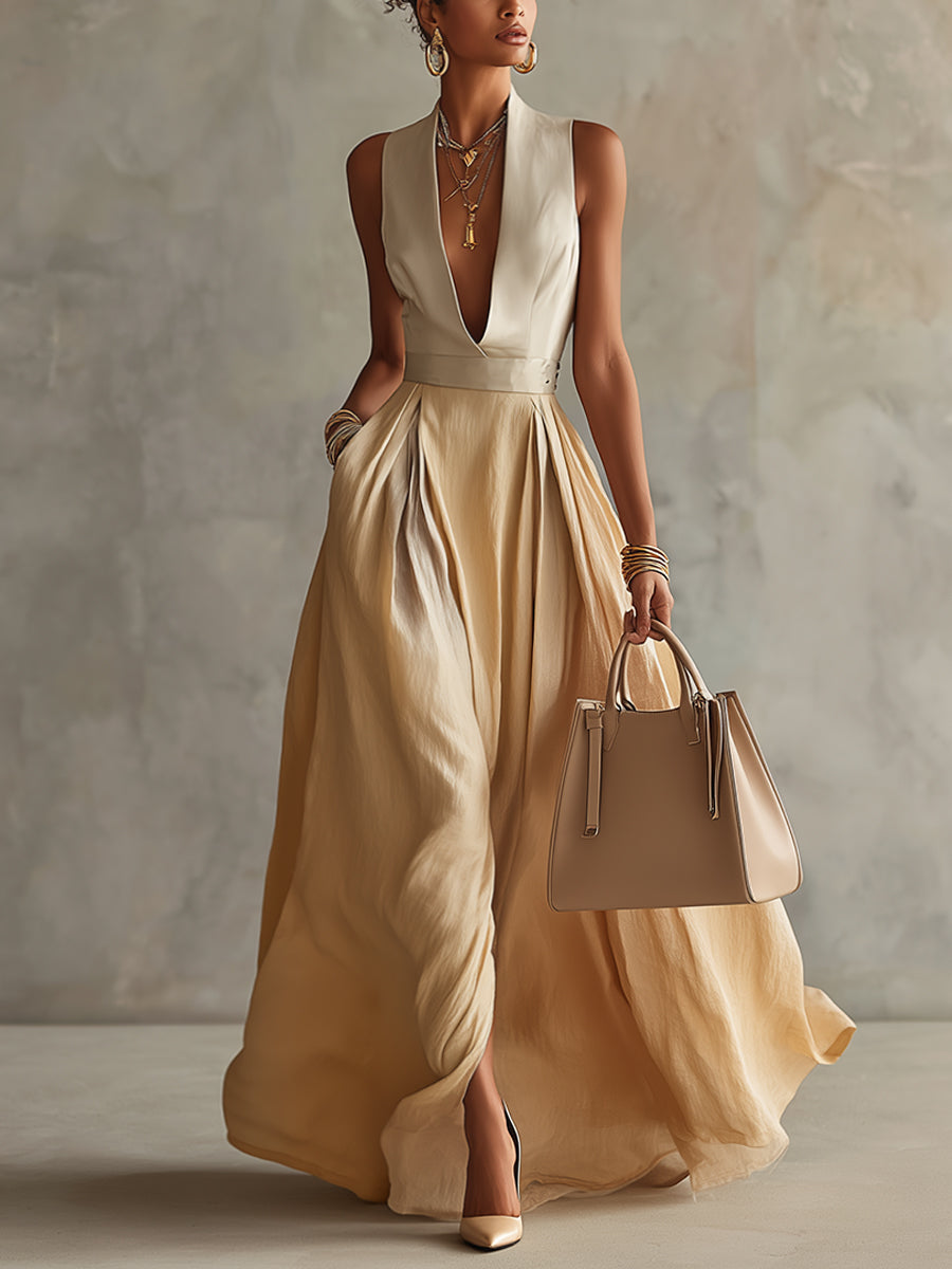 Beige Linen Blend Sleeveless Deep V-Neck Maxi Dress