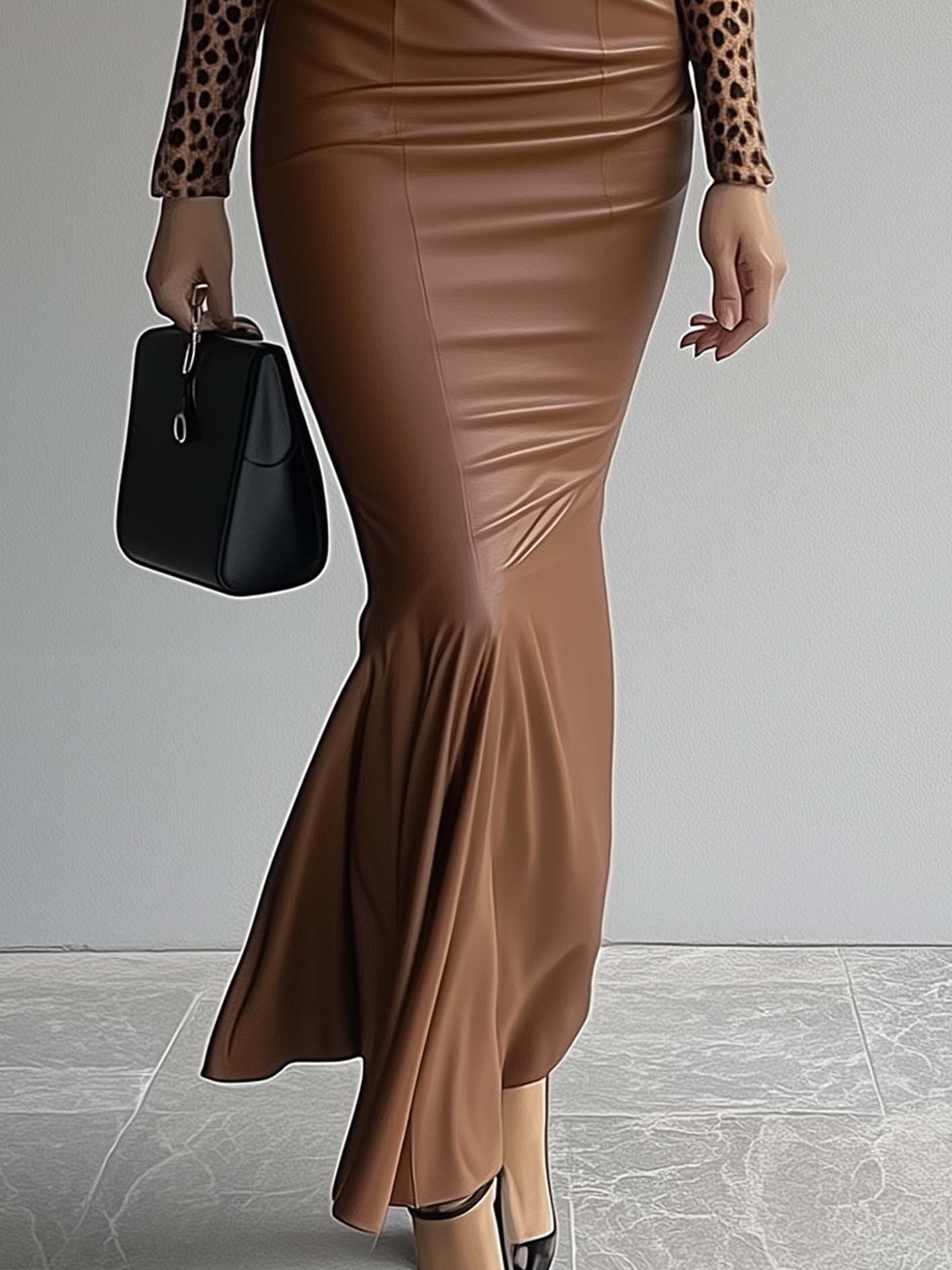Brown Faux Leather Midi Bodycon Dress With Leopard Print Sleeves