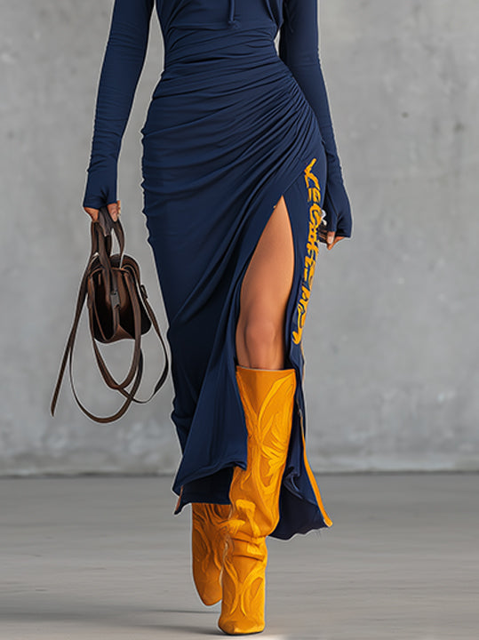 Navy Draped Hoodie Maxi Dress With Side Slit And Contrast Letter Detail