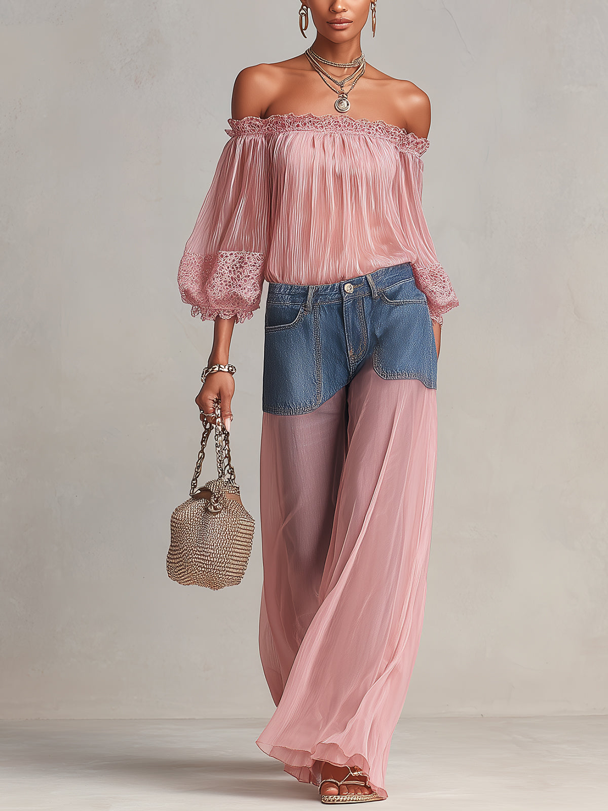 Pink Off-Shoulder Pleated Chiffon Blouse With Lace Trim