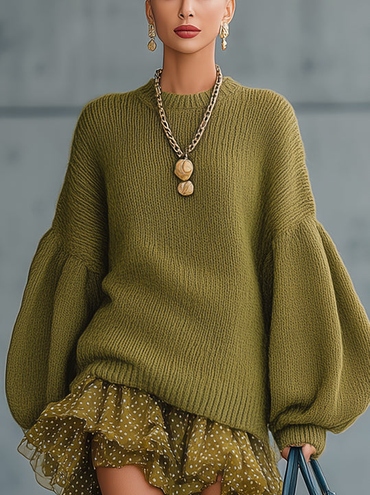 Olive Green Knit Mini Dress With Balloon Sleeves And Polka-Dot Ruffle Hem