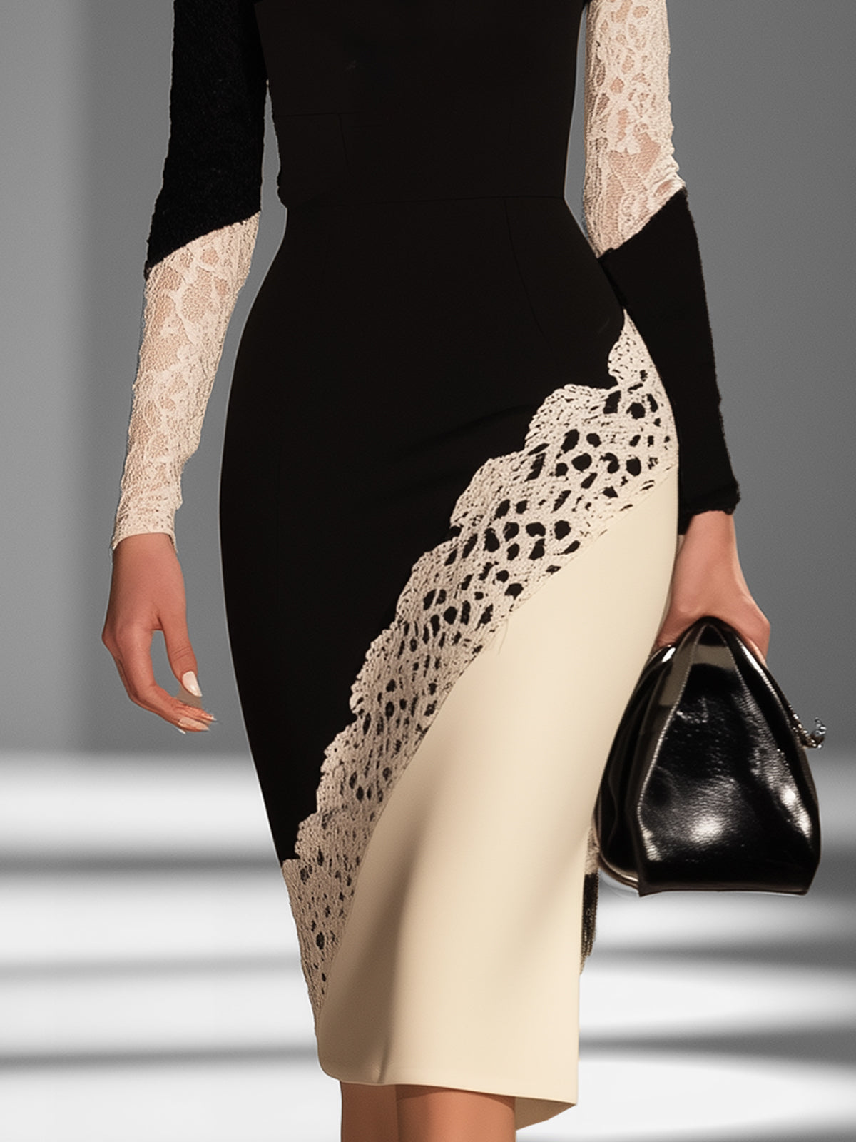 Off Shoulder Black And Ivory Lace Accent Dress