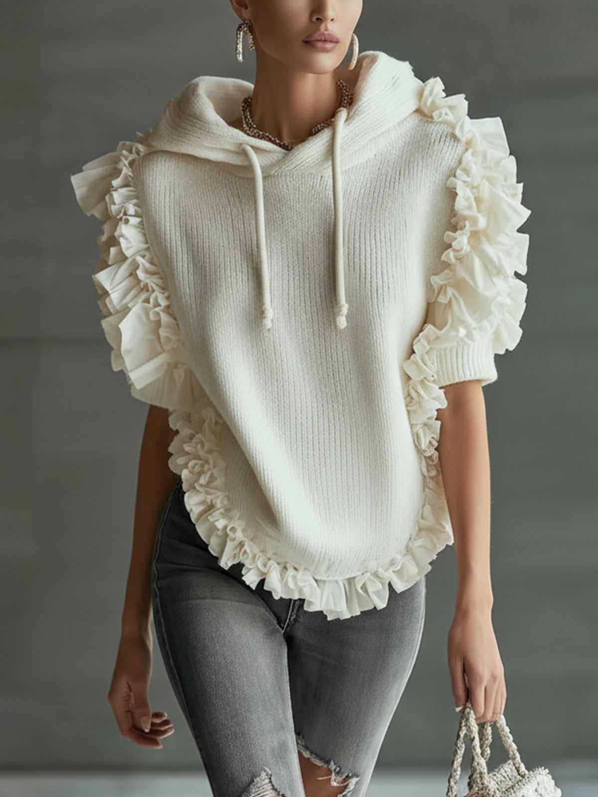 White Knit Hoodie Top With Ruffled Trim