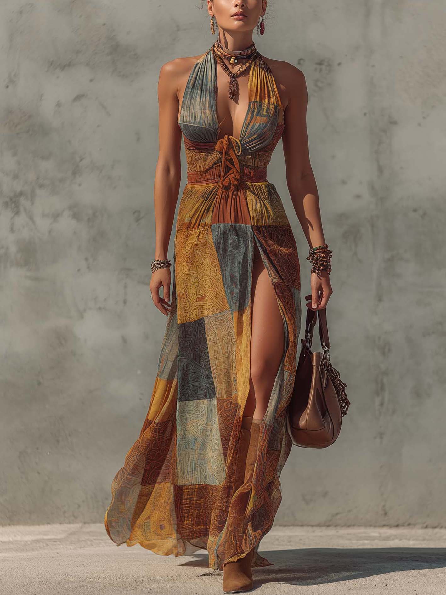 Boho Patchwork Chiffon Maxi Dress