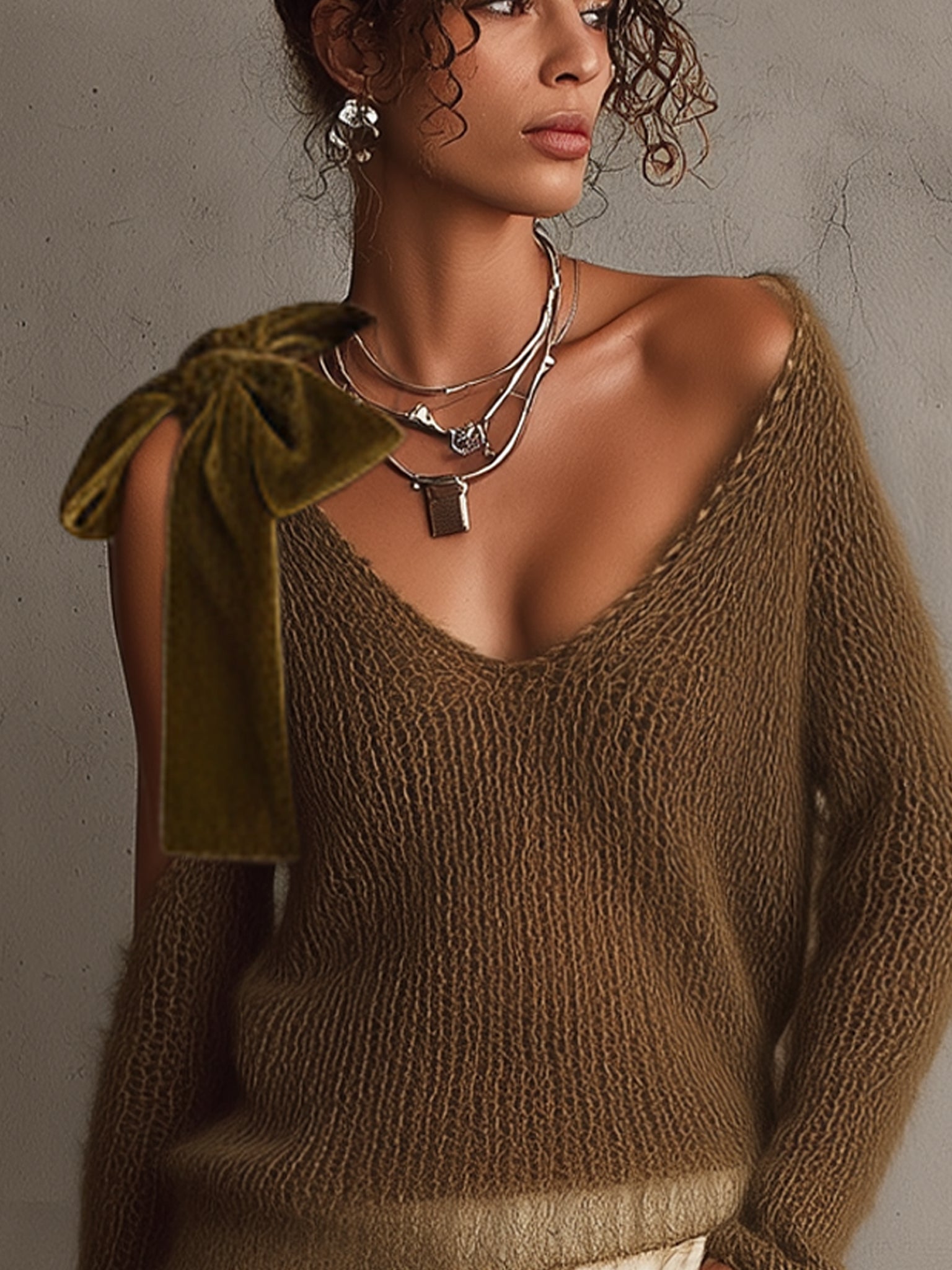 Lightweight Green Mohair Knit Sweater With Velvet Bow