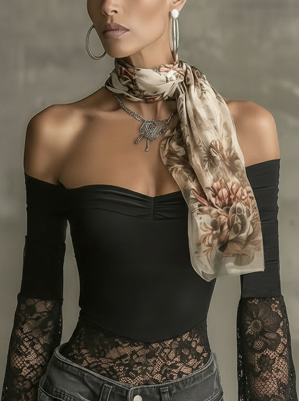 Black Off-Shoulder Lace Flare-Sleeve Shirt