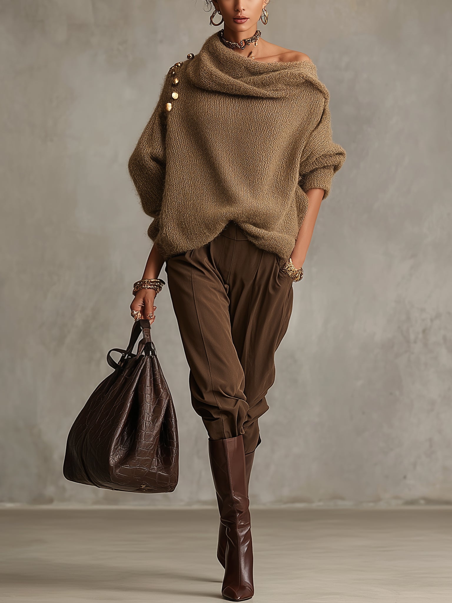 Coffee Mohair Loose Knit Sweater With Metal Button Accents