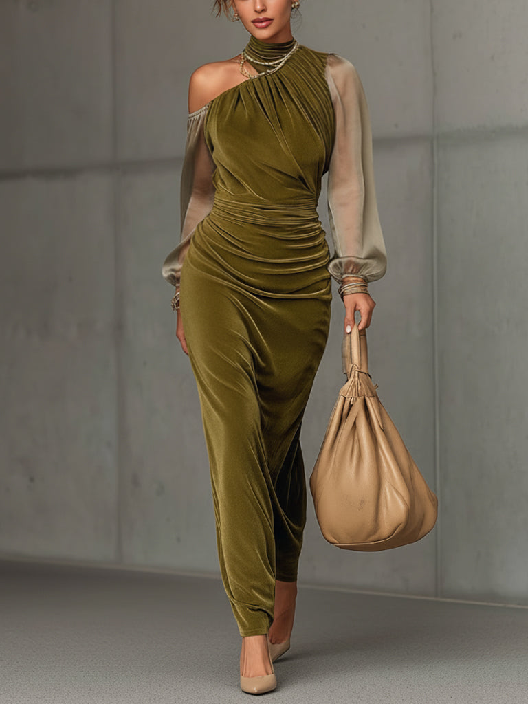 Olive Green Velvet High Neck Bodycon Dress With Chiffon Sleeves