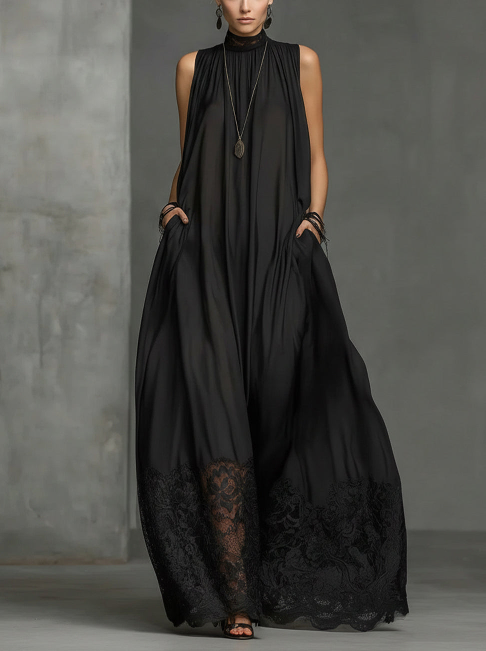 Black High-Neck Sleeveless Maxi Dress With Lace Hem