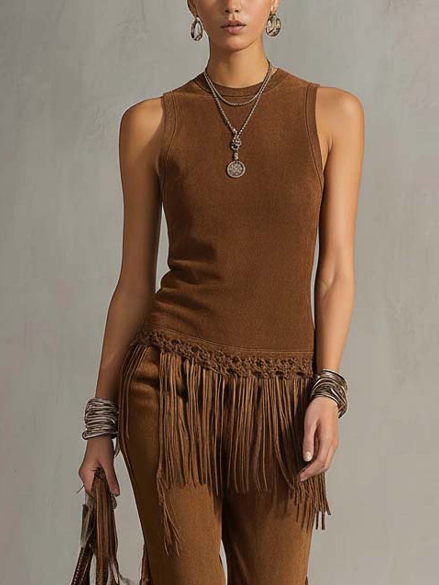 Brown Faux Suede Fringe Trim Two-Piece Set